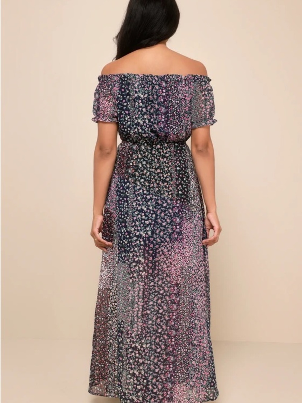 Lulus Neva Navy Blue Floral Print Off-the-shoulder Maxi Dress - Size L - Picture 12 of 14